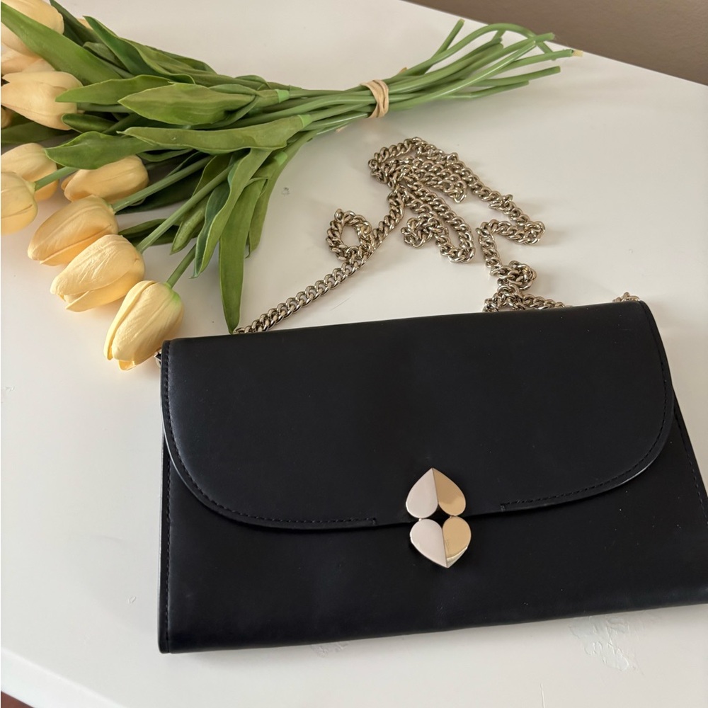 Kate Spade Lula black leather clutch crossbody purse w gold hardware Bag 💕 heart